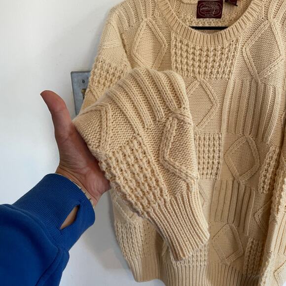 VTG Chunky Knit Fisherman Cream Sweater Men's SZ LARGE Diamond Cable Knit EUC - Picture 6 of 8